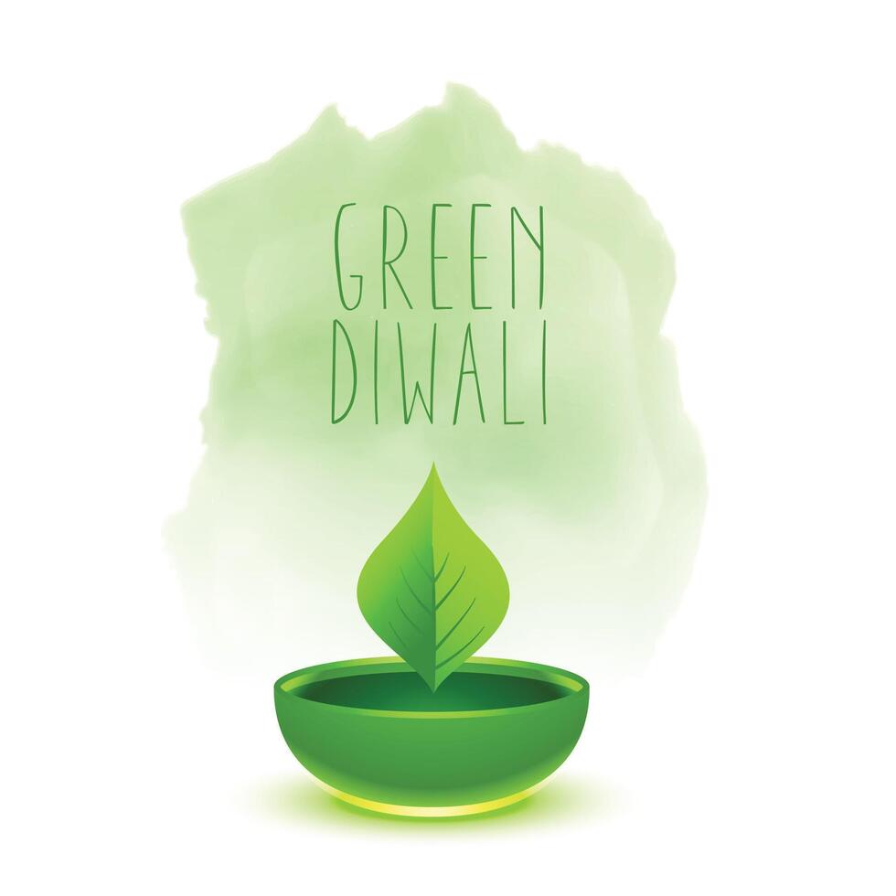 green leaf diya for eco friendly diwali greeting background vector