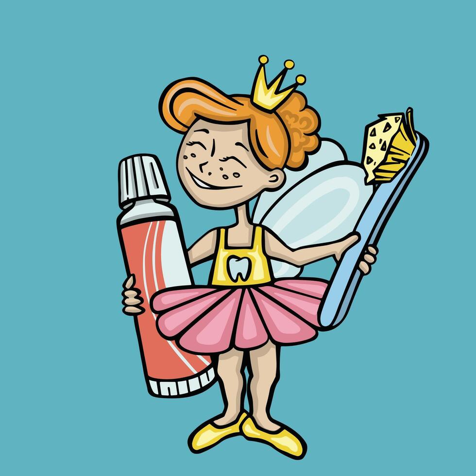 Tooth fairy with toothpaste and toothbrush, vector illustration