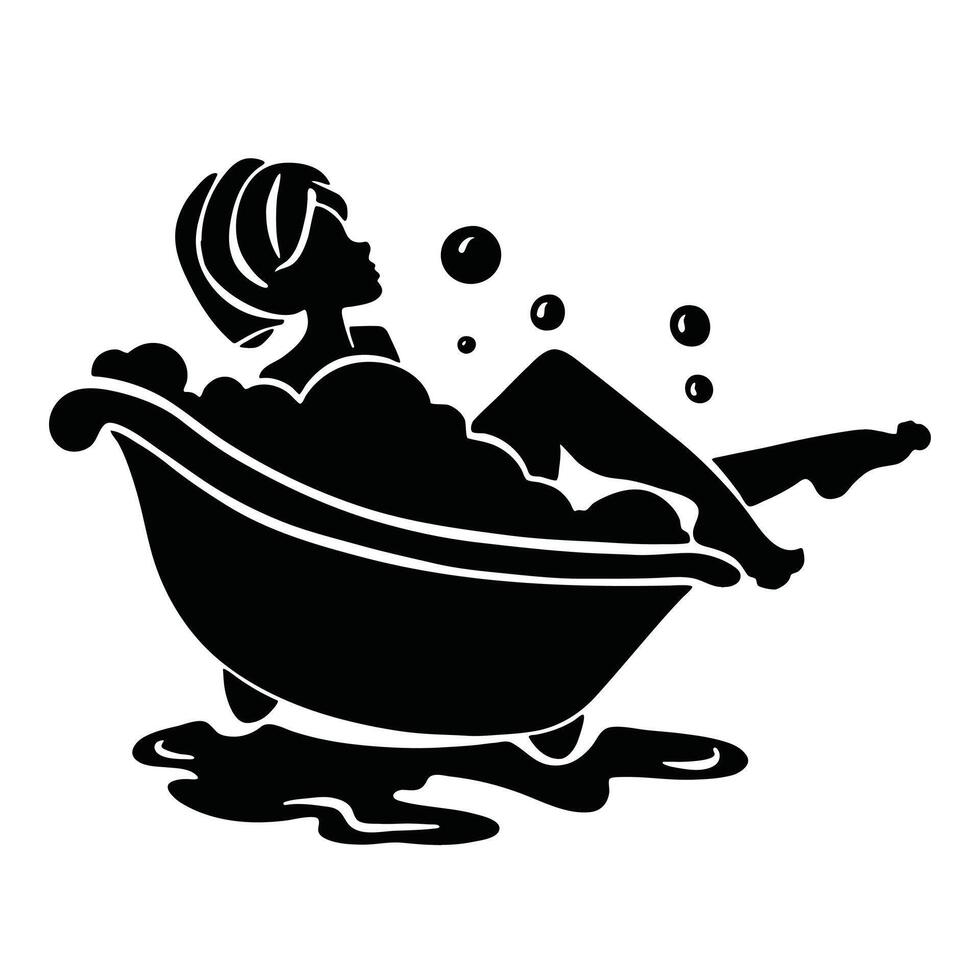 woman in bath with foam, relax silhouette. Vector illustration