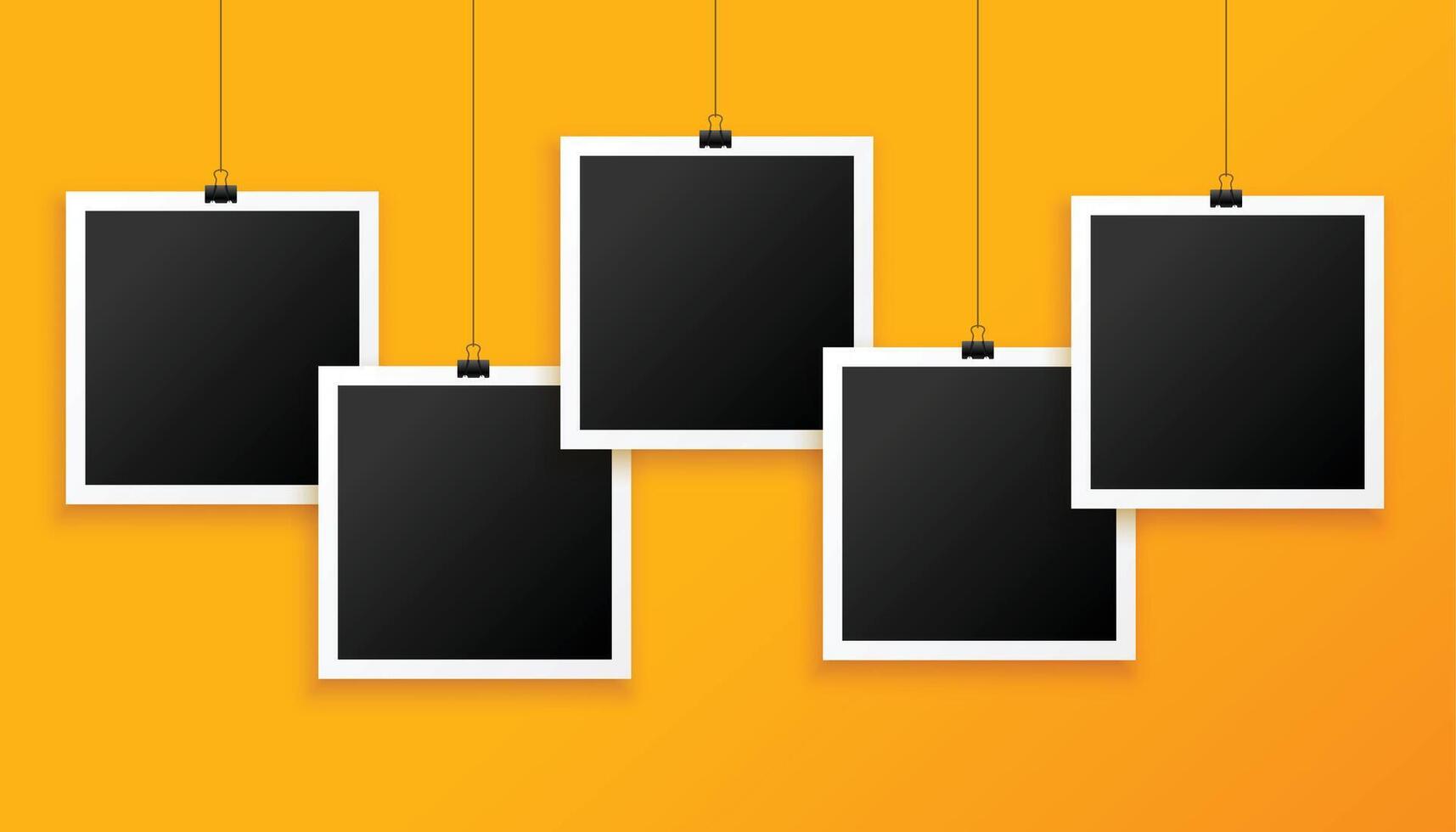 five hanging photo frames on yellow background vector