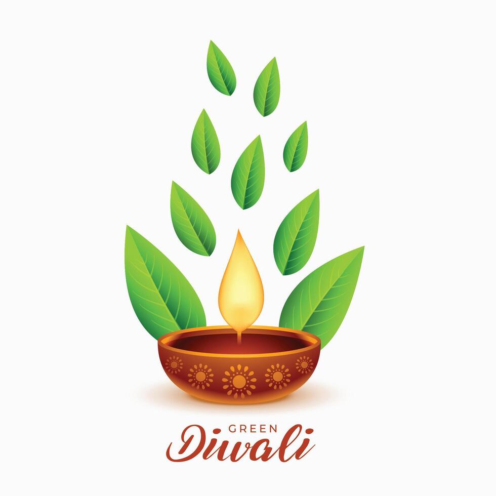 oil lamp and leaves design for green diwali festival background vector