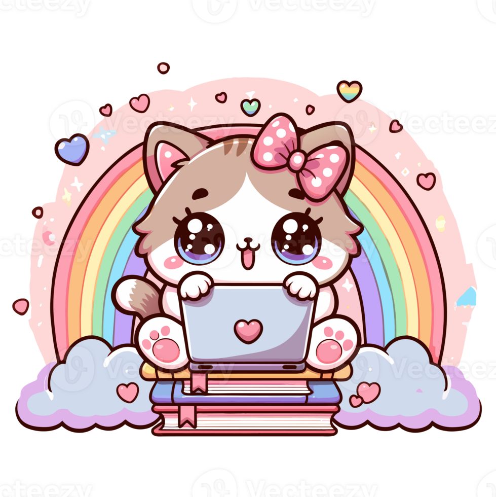 AI generated graphics of  joyful kawaii cat and laptop png