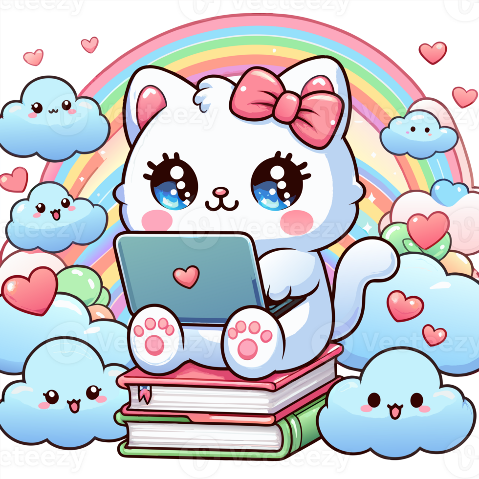 AI generated graphics of  joyful kawaii cat and laptop png