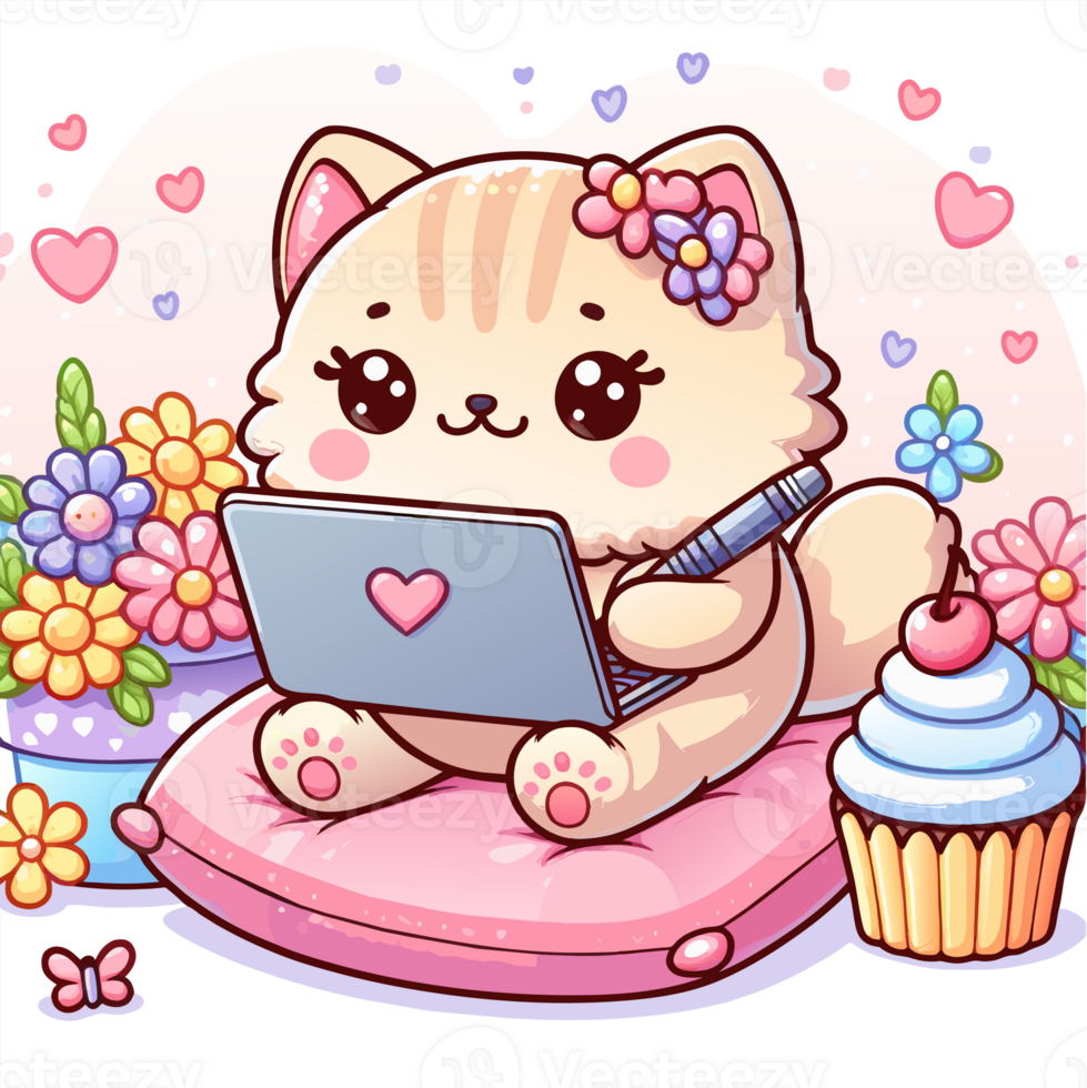AI generated graphics of  joyful kawaii cat and laptop png