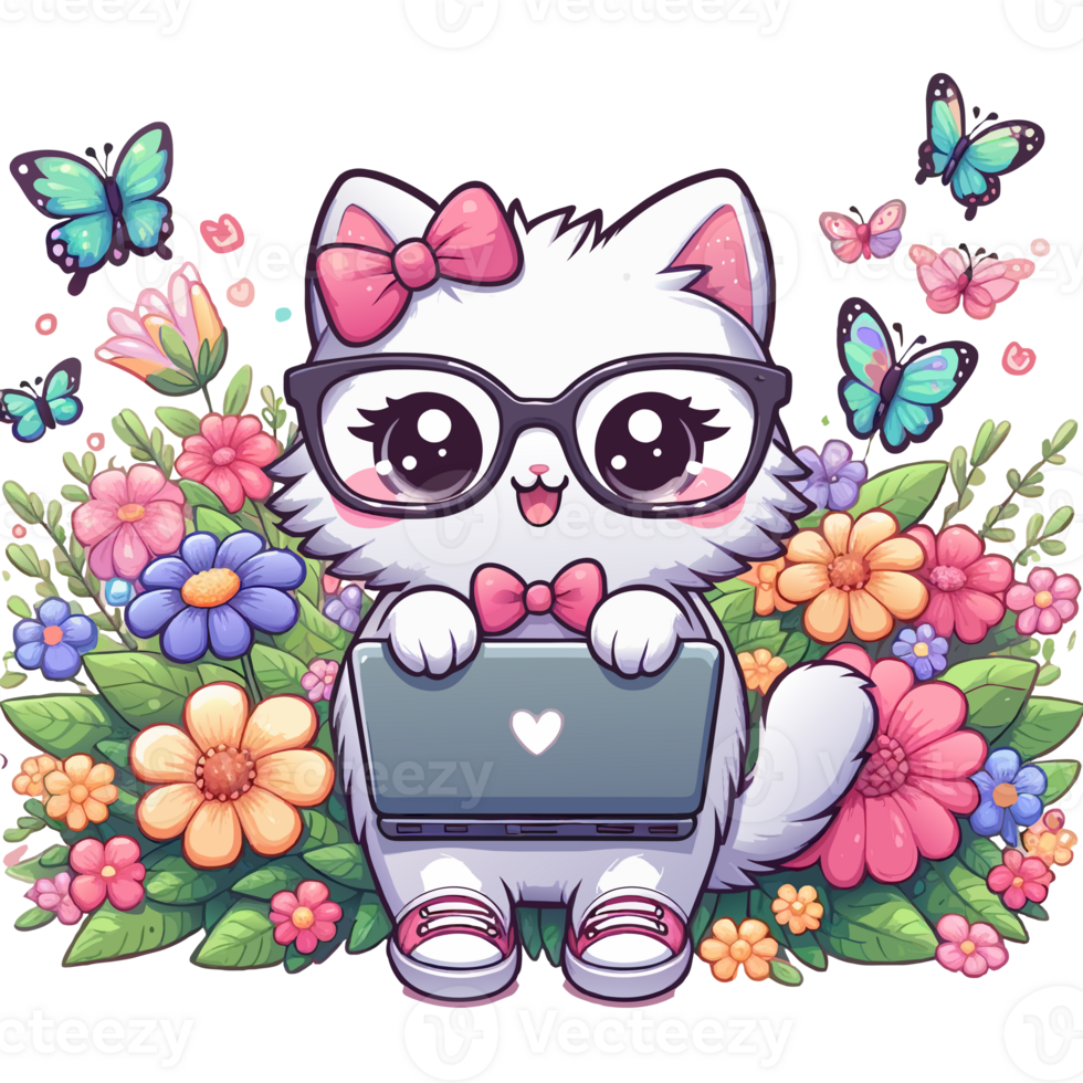 AI generated graphics of  joyful kawaii cat and laptop png