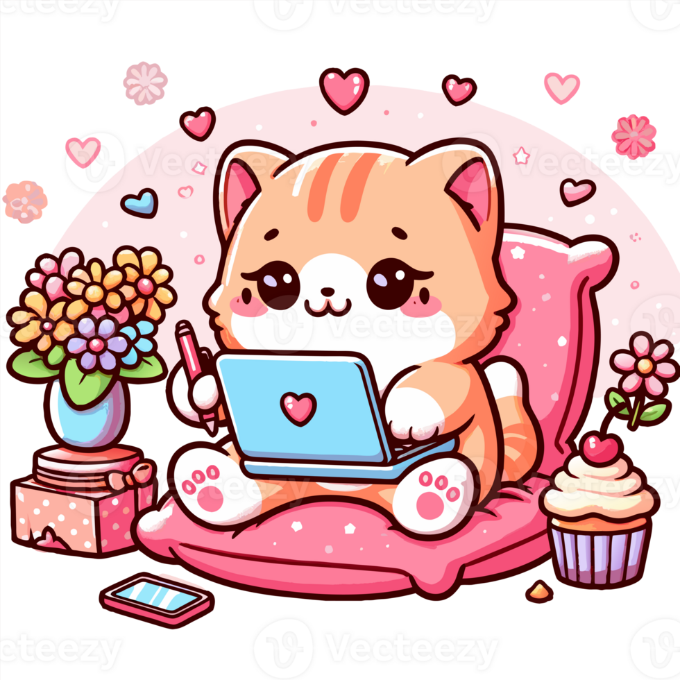 AI generated graphics of  joyful kawaii cat and laptop png