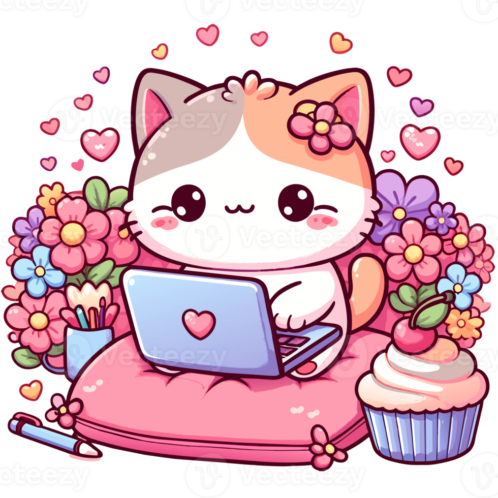 ai généré graphique de joyeux kawaii chat et portable png