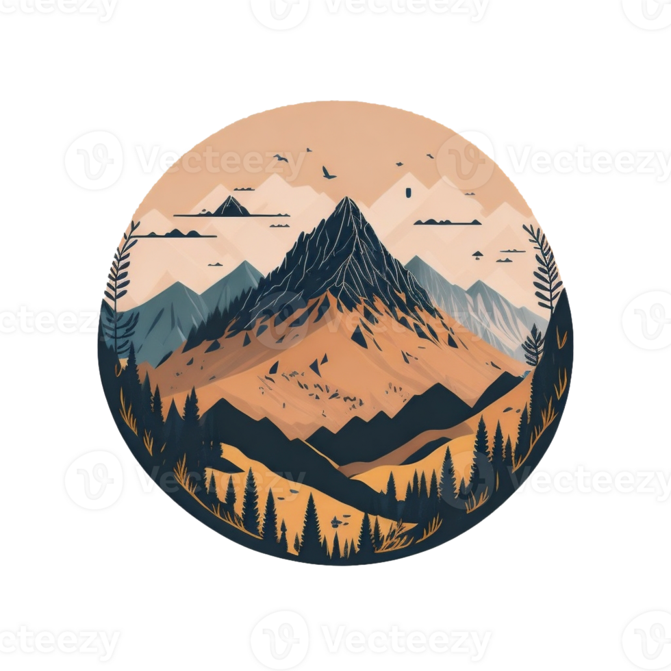 AI generated round graphics of a mountain landscape in shades of brown png