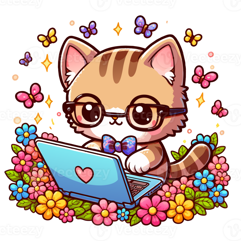 AI generated graphics of  joyful kawaii cat and laptop png