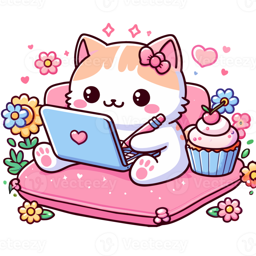 AI generated graphics of  joyful kawaii cat and laptop png