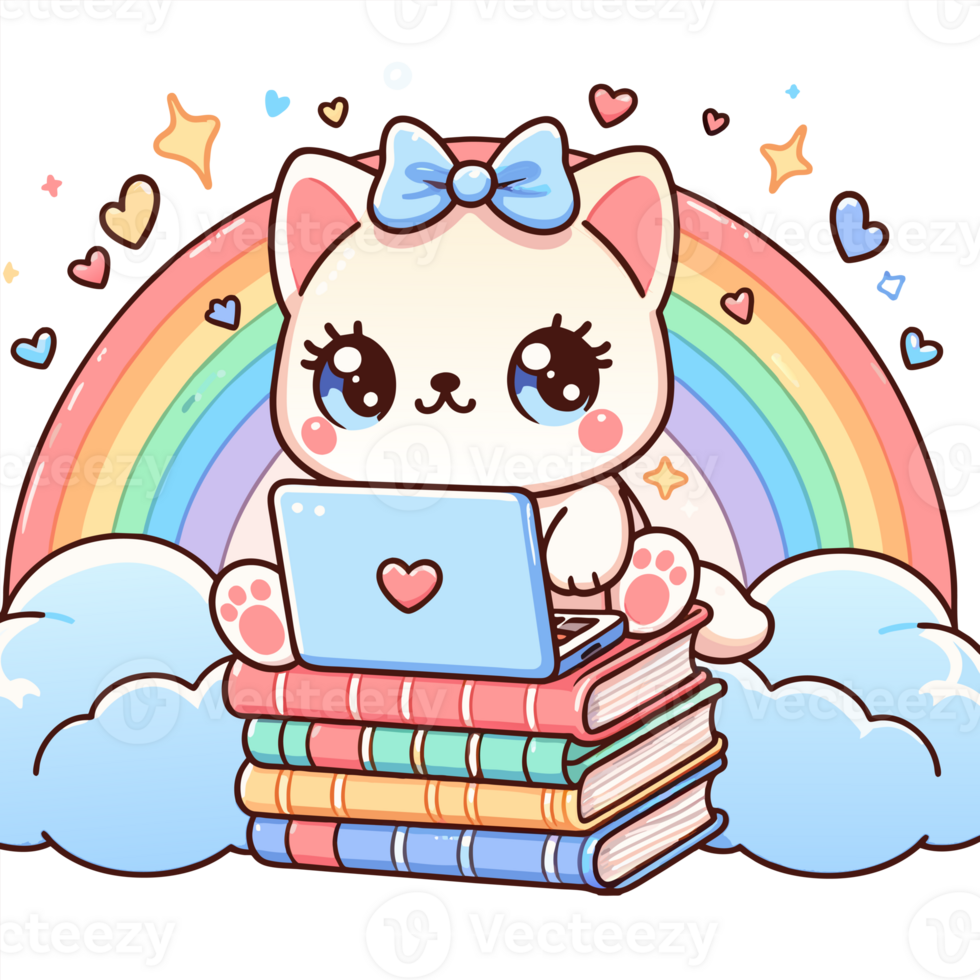 ai gegenereerd grafiek van blij kawaii kat en laptop png