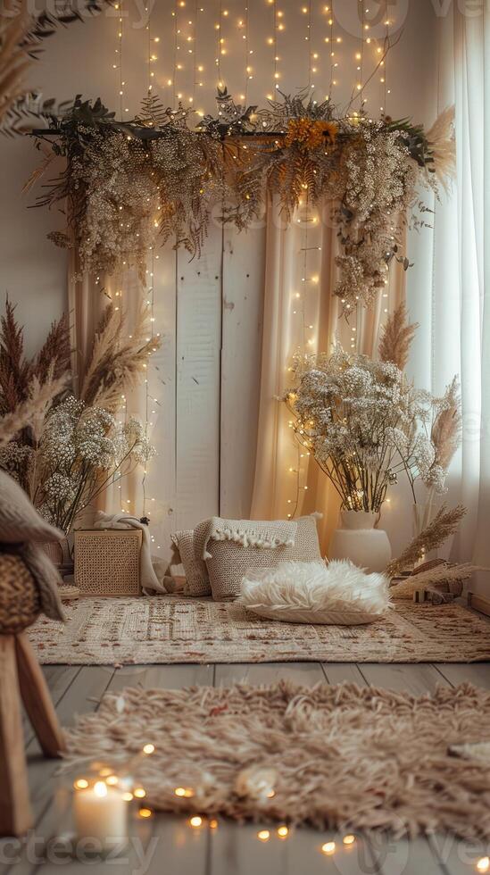 AI generated backdrop for beige boho photoshoot in yellow lights and white flowers photo