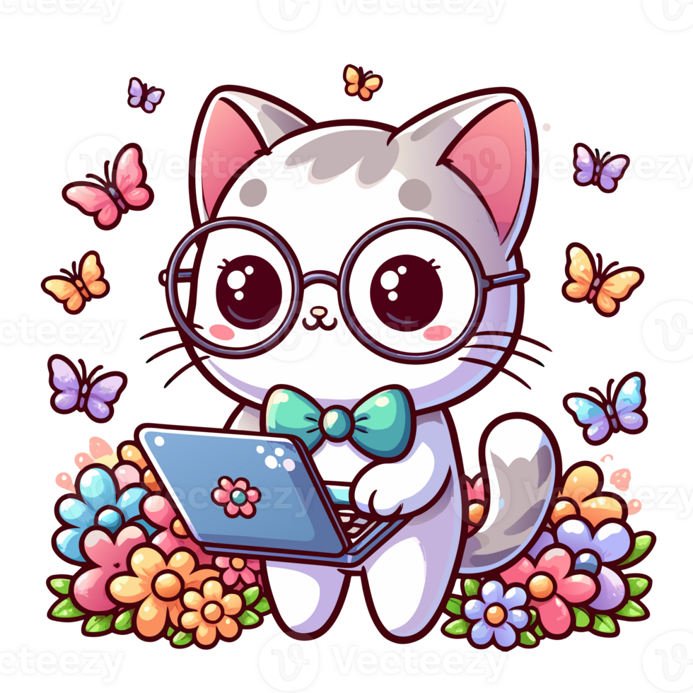 AI generated graphics of  joyful kawaii cat and laptop png