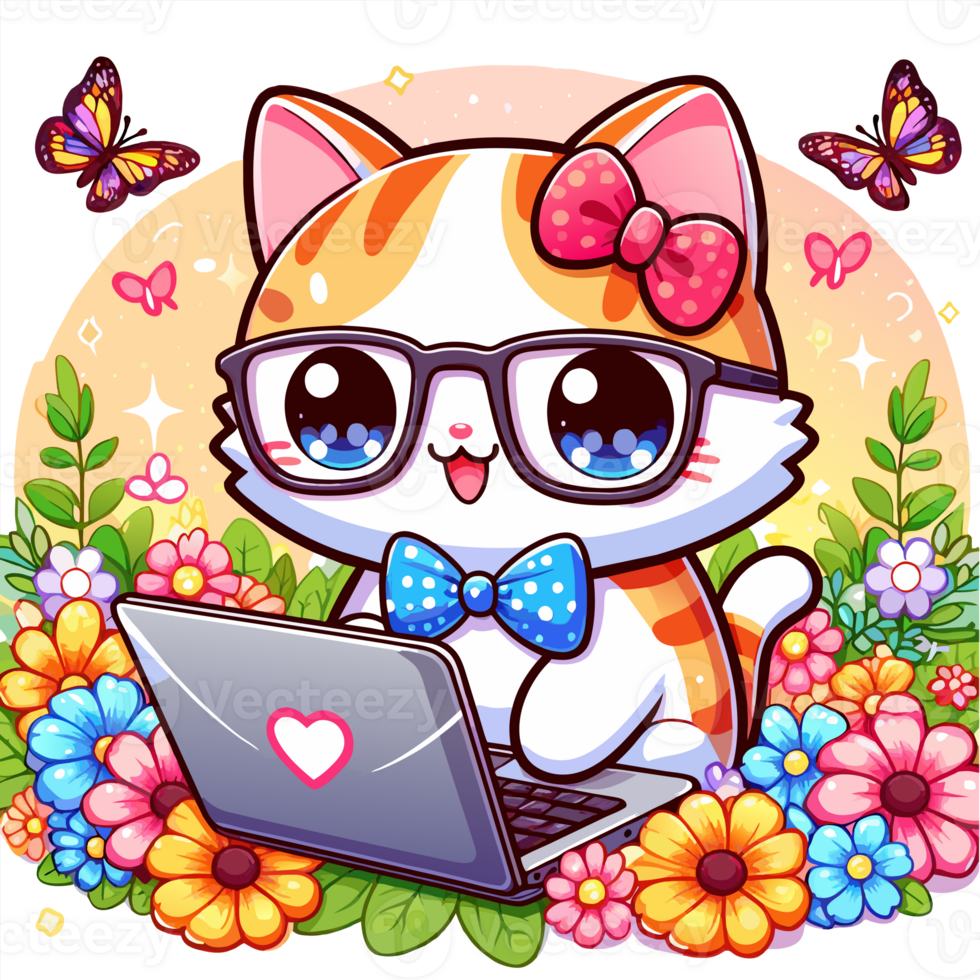 AI generated graphics of  joyful kawaii cat and laptop png