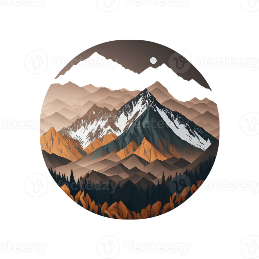 AI generated round graphics of a mountain landscape in shades of brown png