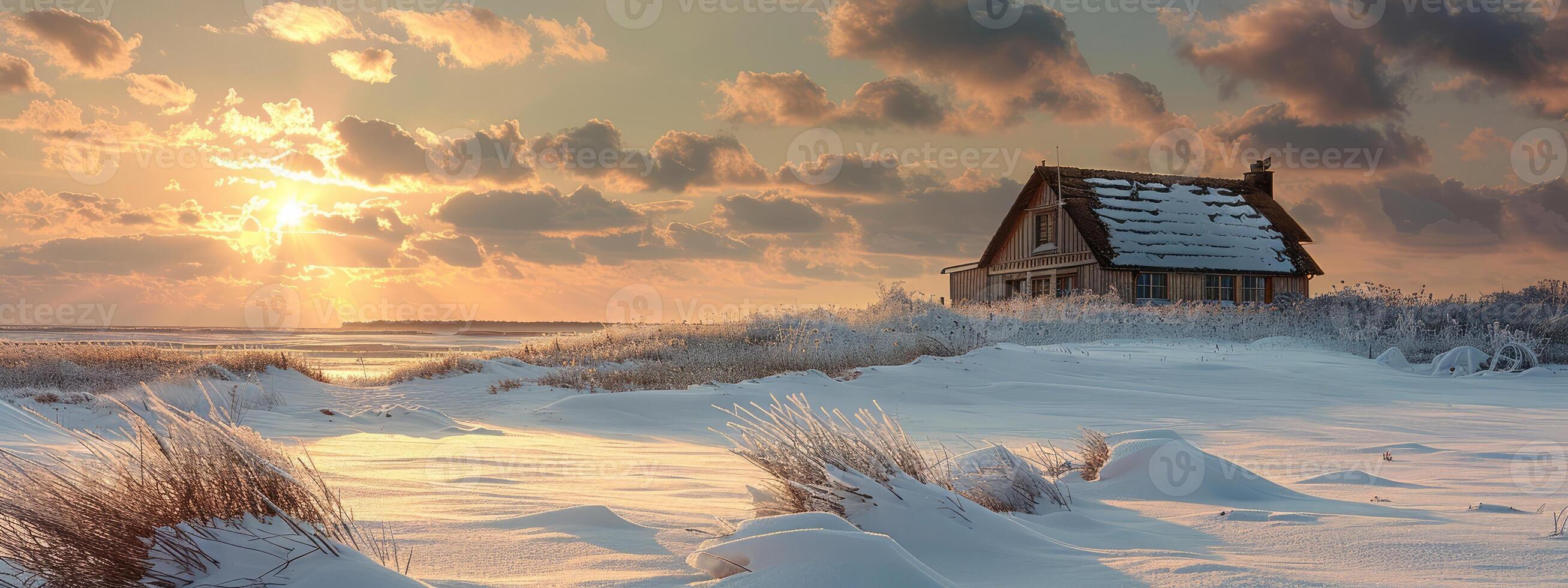 ai generado invierno paisaje a puesta de sol con césped y casa en antecedentes foto