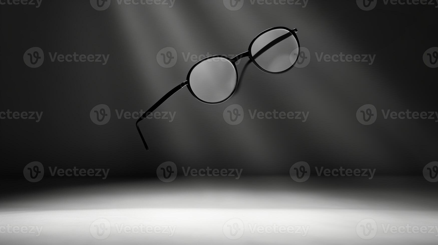 AI generated Round glasses in a dark setting with light rays creating a mystical aura. Eye health concept. photo