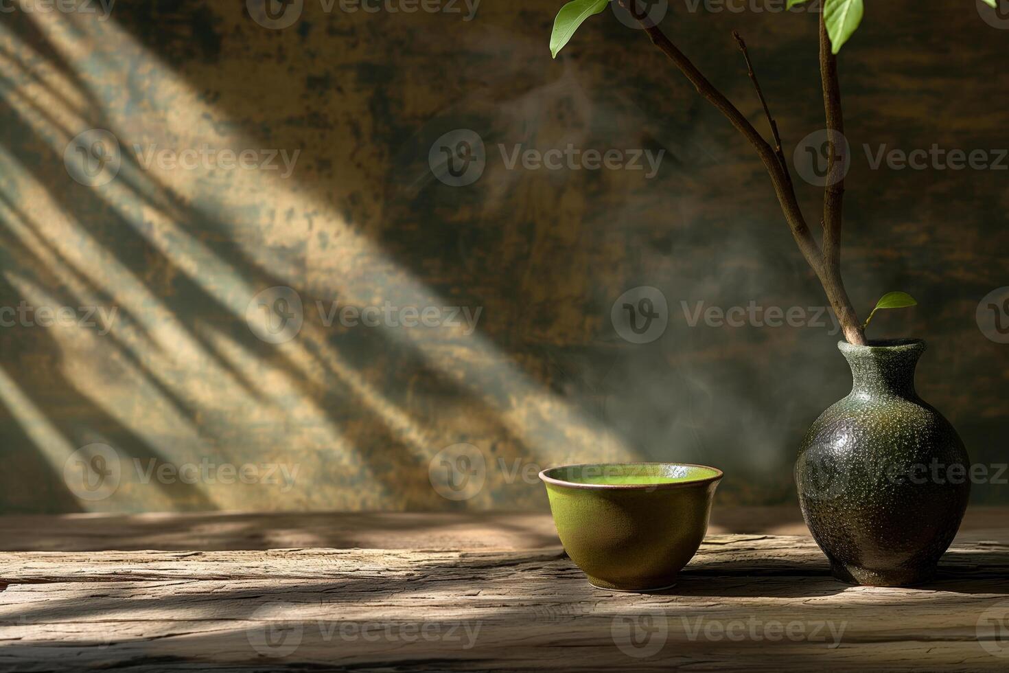 AI generated Matcha tea ceramic bowl on a rustic wooden surface with sun rays, self-care concept photo