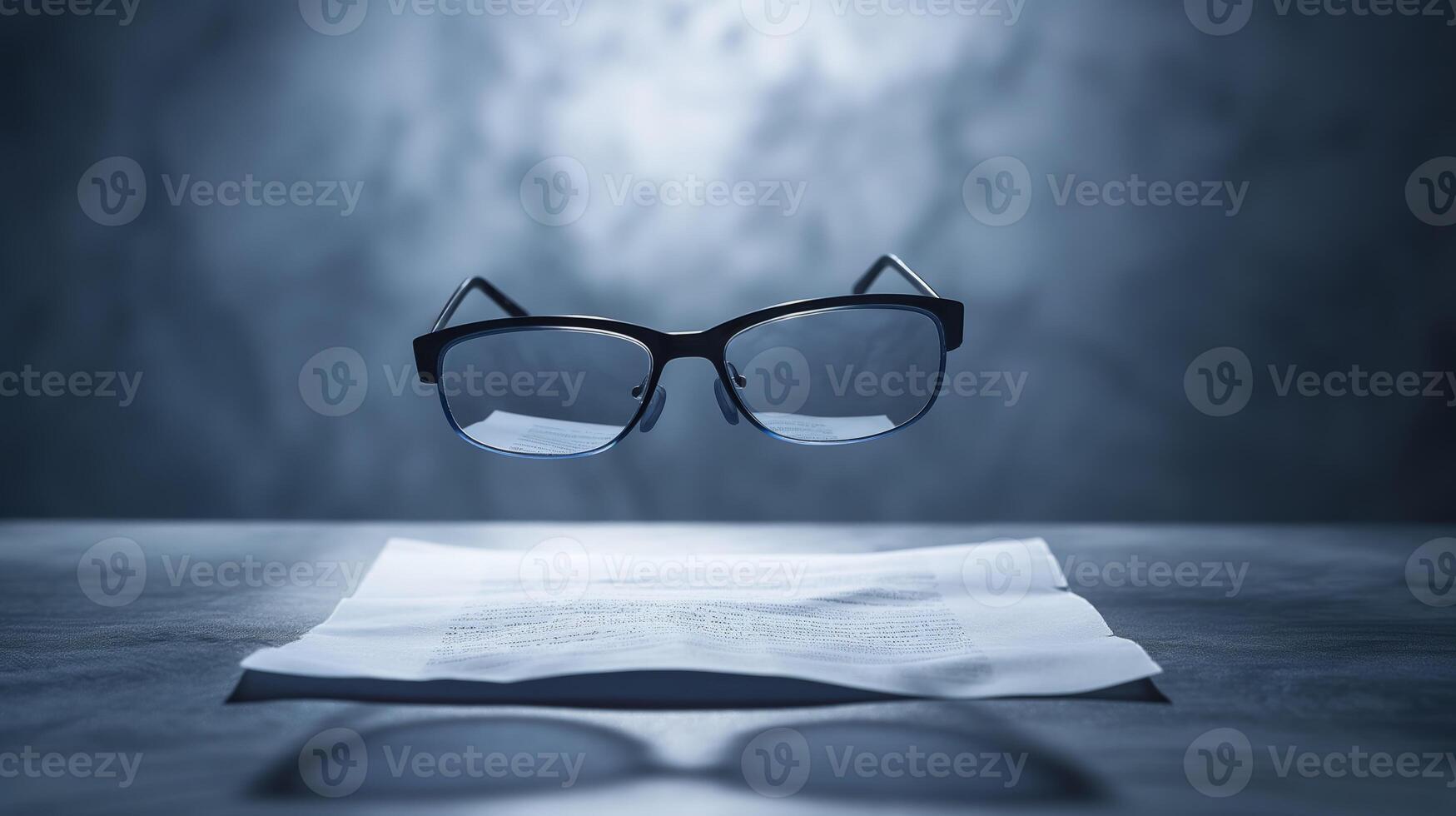 AI generated Eyeglasses floating above a sheet of paper, casting a shadow under the soft, mysterious light photo