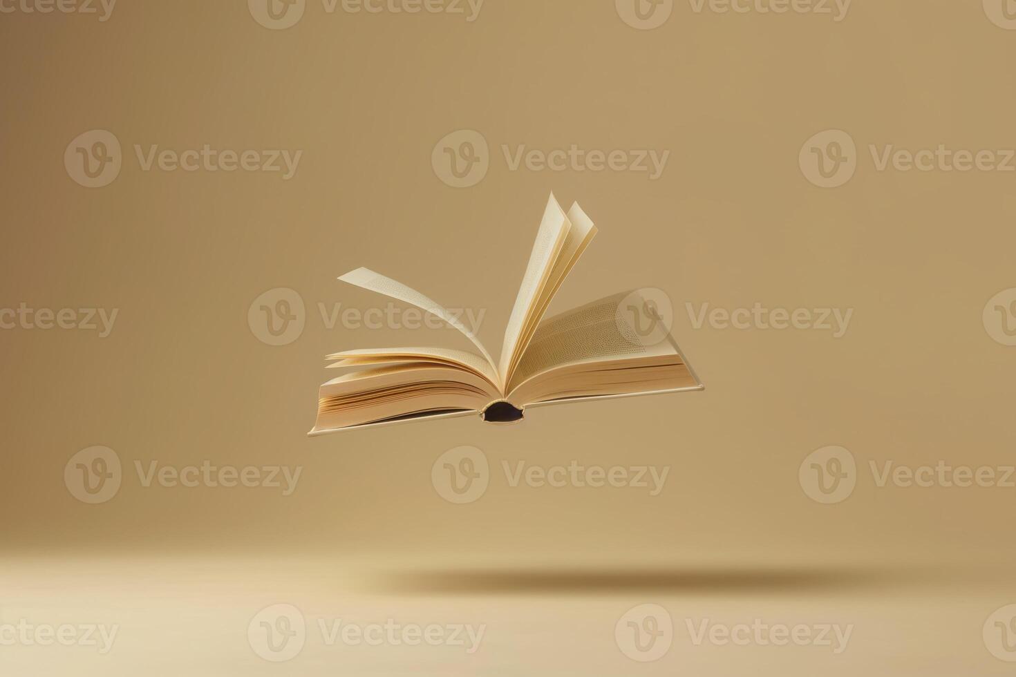 AI generated Open book is floating in the air casting a shadow over an beige background photo