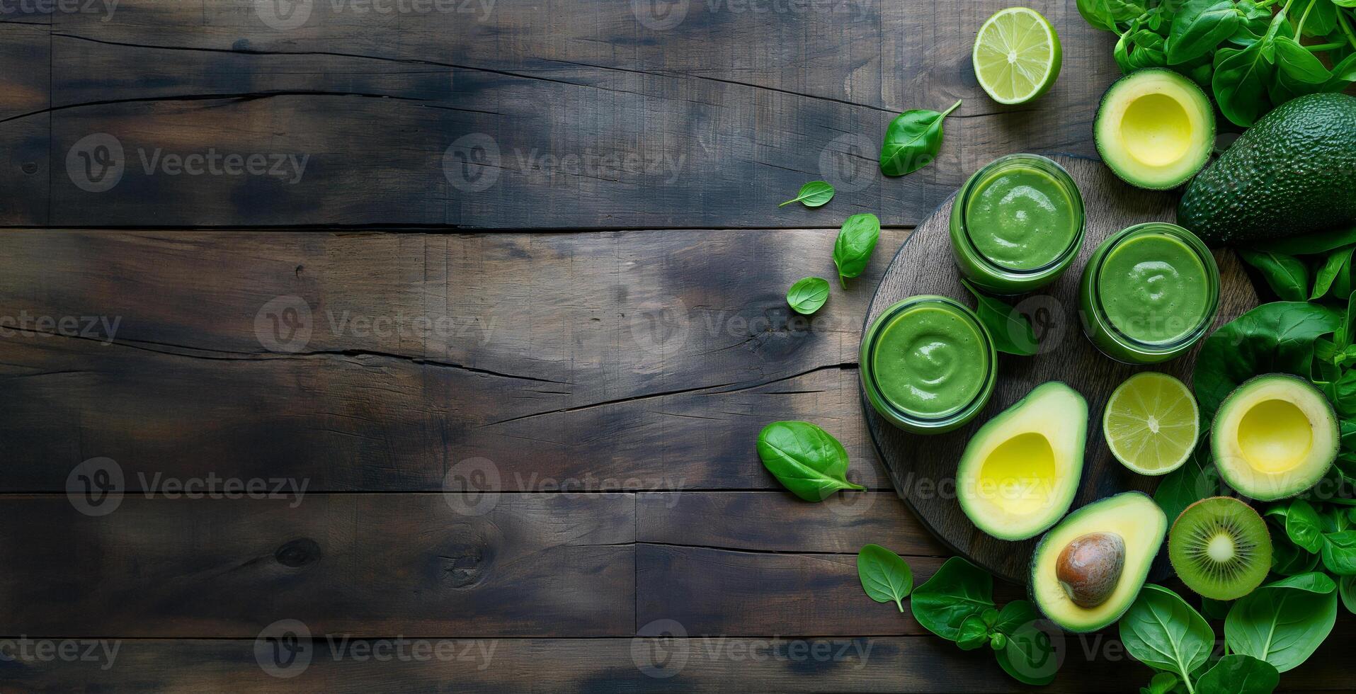 AI generated Bright green smoothie with avocado, basil and lime served in a rustic wooden table with space for text. Healthy lifestyle concept photo