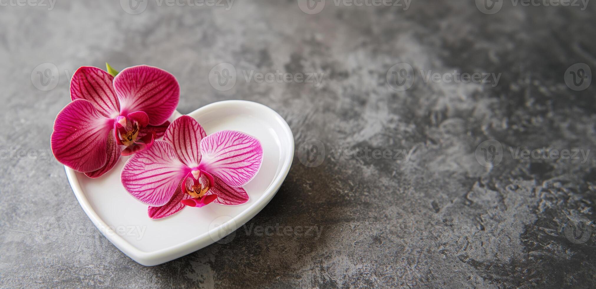 AI generated Dark pink orchid in a white heart shaped plate. Copy space for text photo