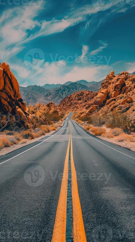 AI generated Road in the desert, yellow traffic line photo