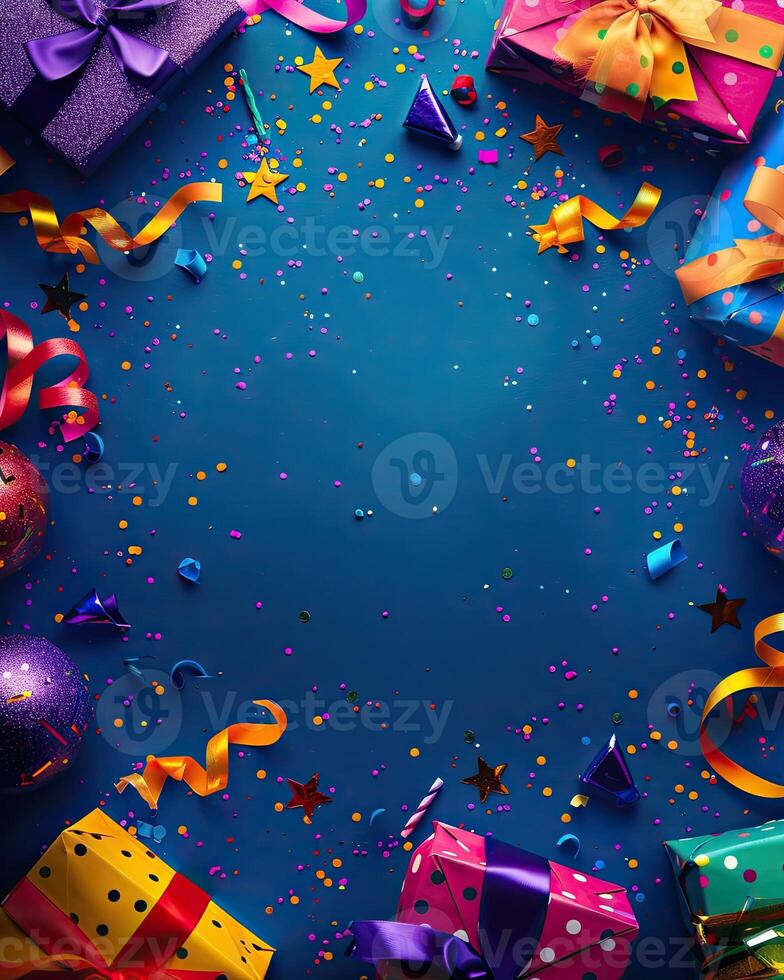 AI generated Colorful birthday background with multicolor party items photo