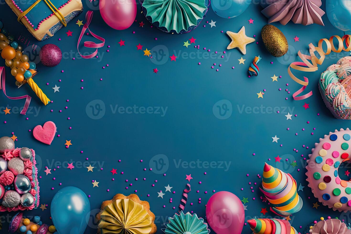 AI generated Colorful birthday background with multicolor party items photo