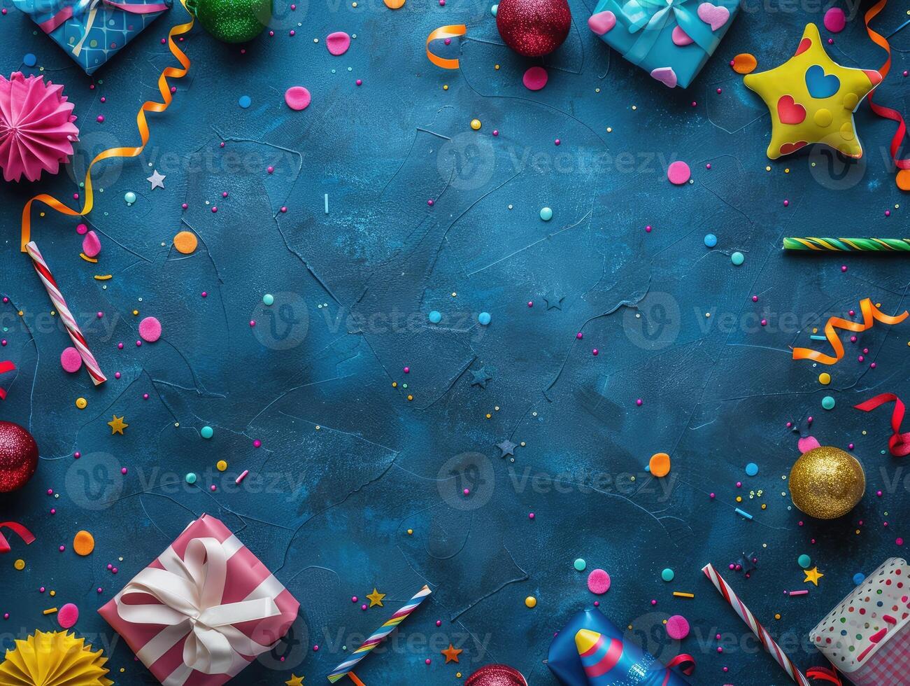 AI generated Colorful birthday background with multicolor party items photo