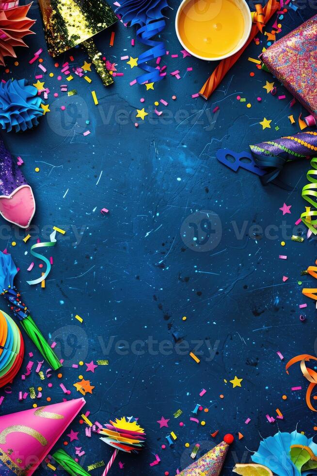 AI generated Colorful birthday background with multicolor party items photo