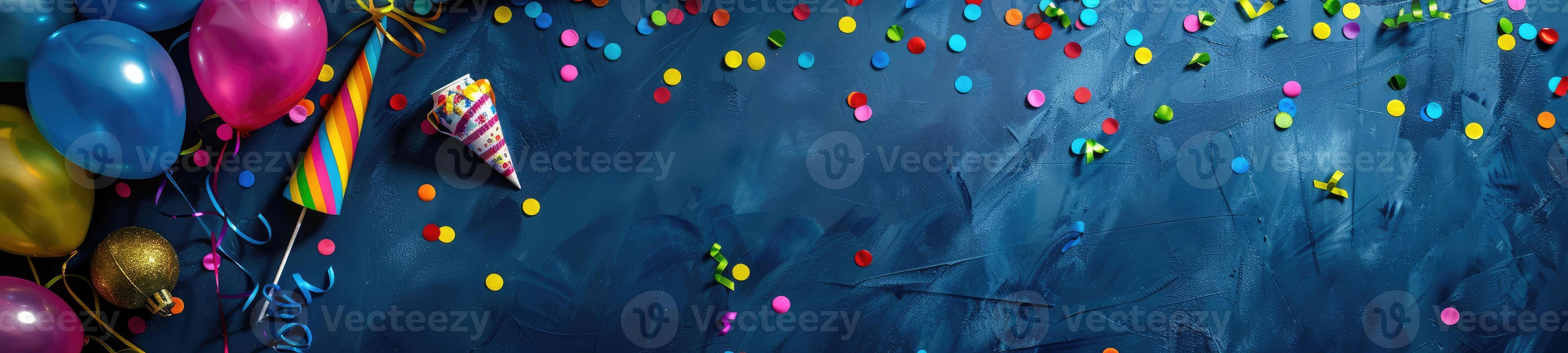 AI generated Colorful birthday background with multicolor party items photo