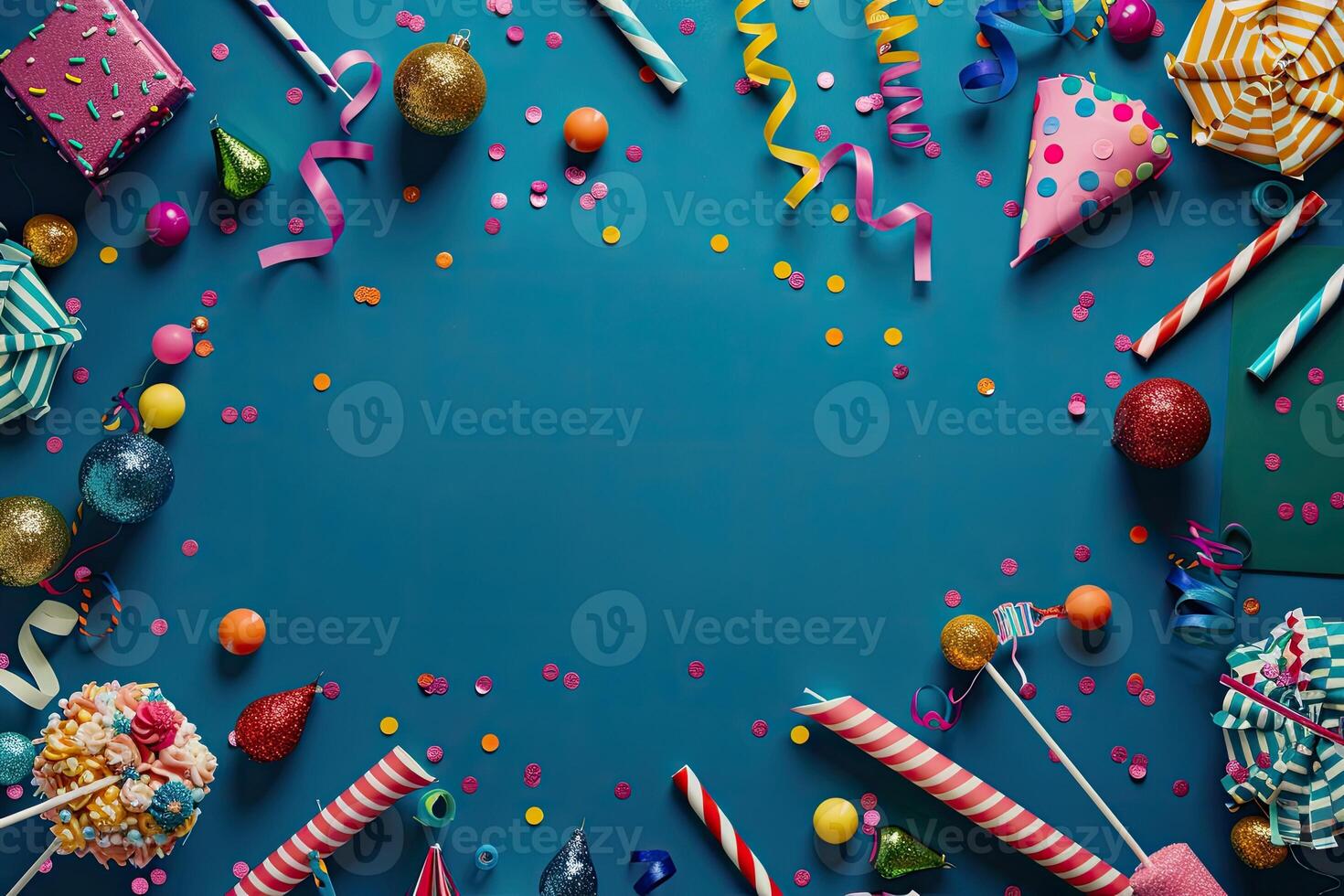 AI generated Colorful birthday background with multicolor party items photo