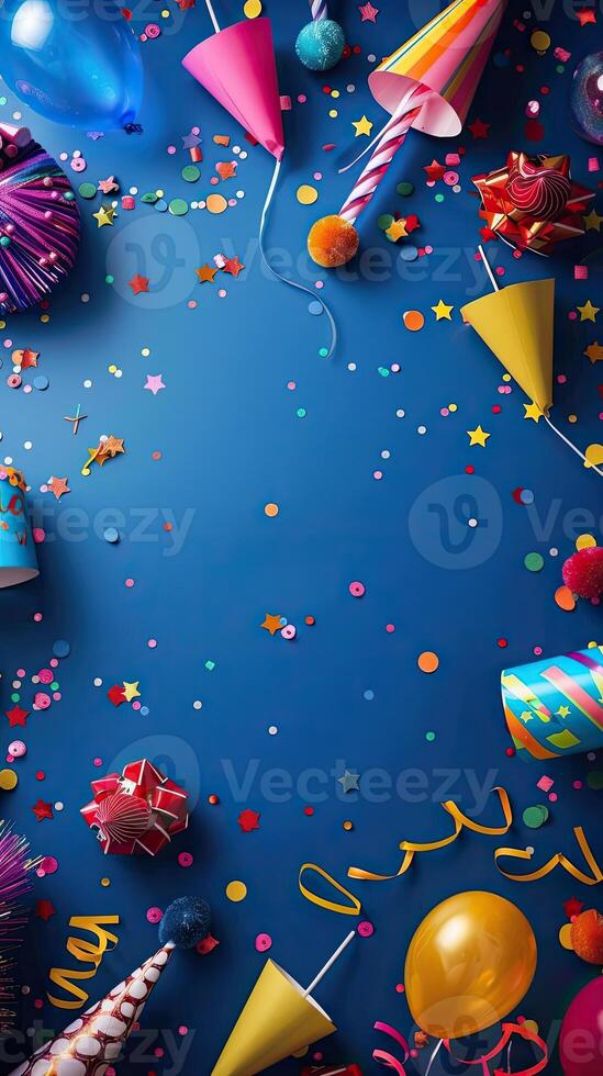 AI generated Colorful birthday background with multicolor party items photo