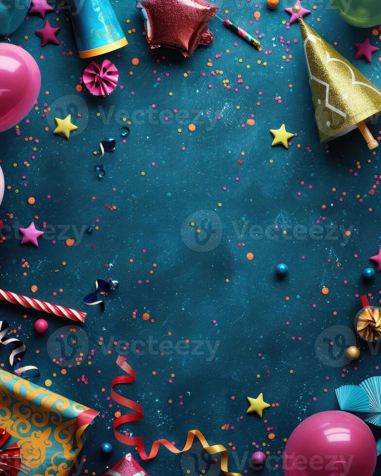 AI generated Colorful birthday background with multicolor party items photo