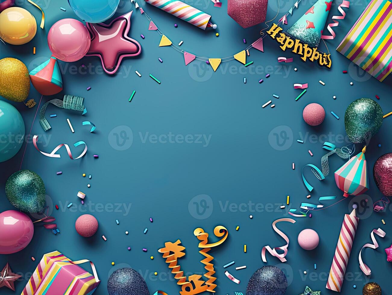 AI generated Colorful birthday background with multicolor party items photo