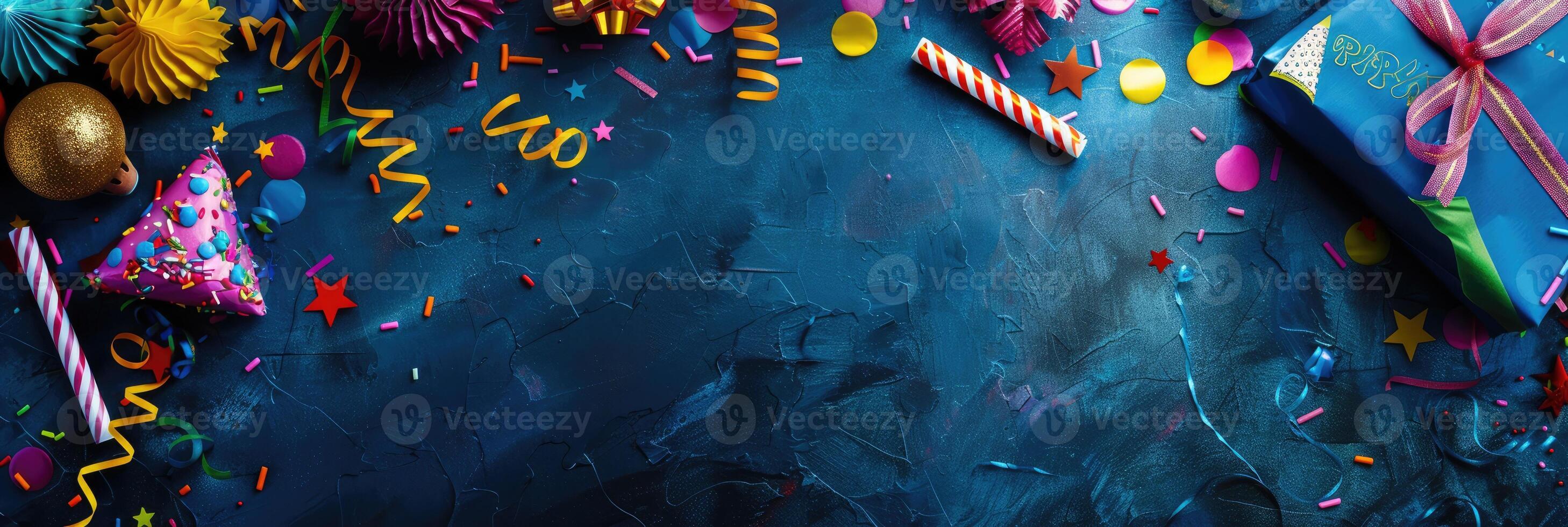 AI generated Colorful birthday background with multicolor party items photo