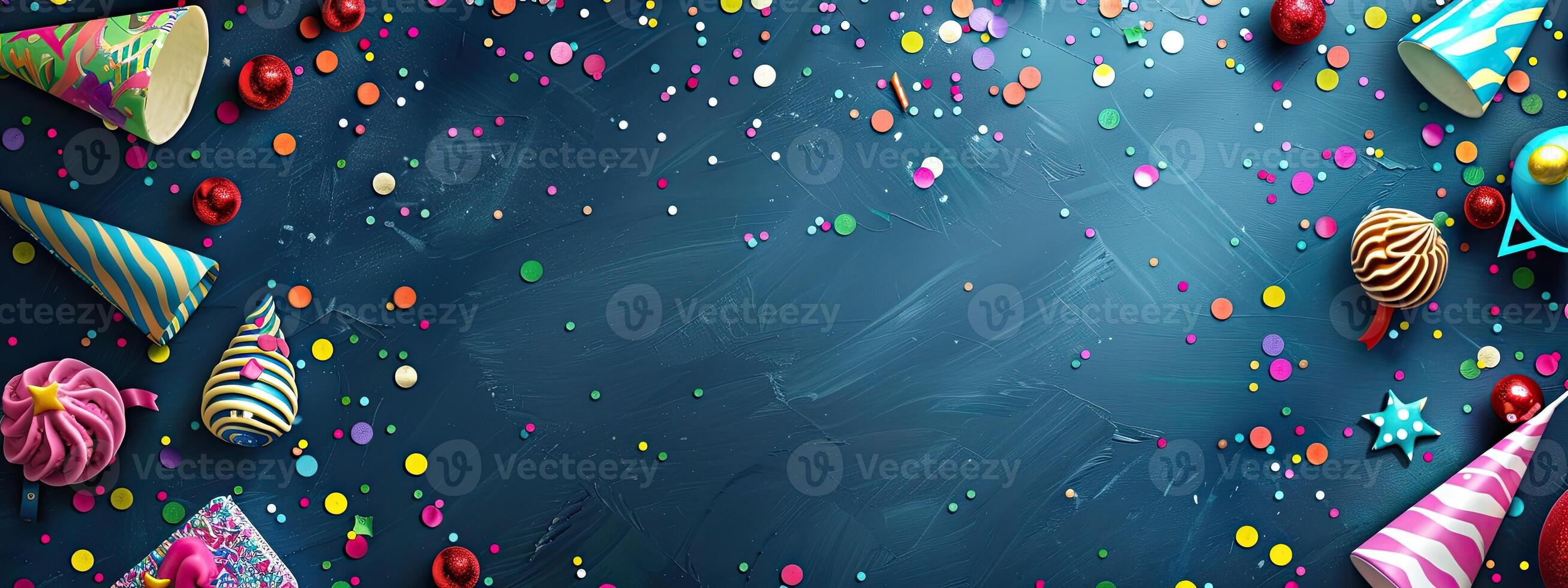 AI generated Colorful birthday background with multicolor party items photo