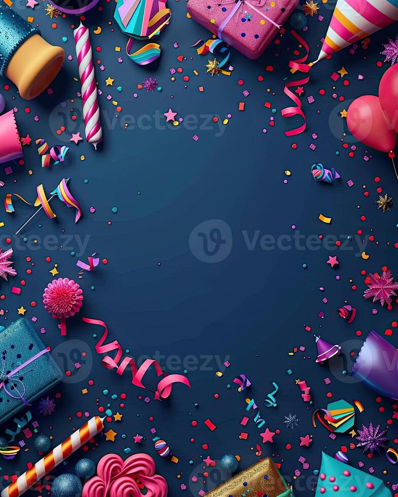 AI generated Colorful birthday background with multicolor party items photo