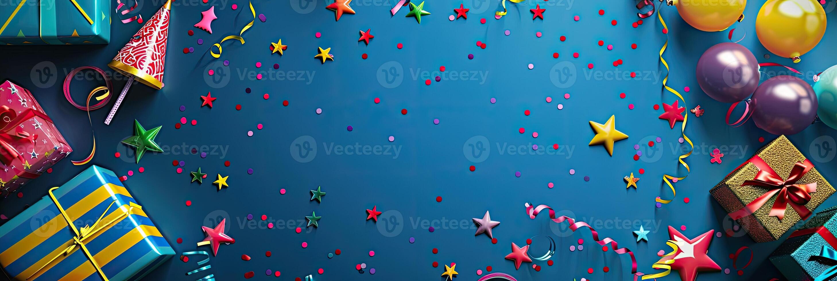 AI generated Colorful birthday background with multicolor party items photo