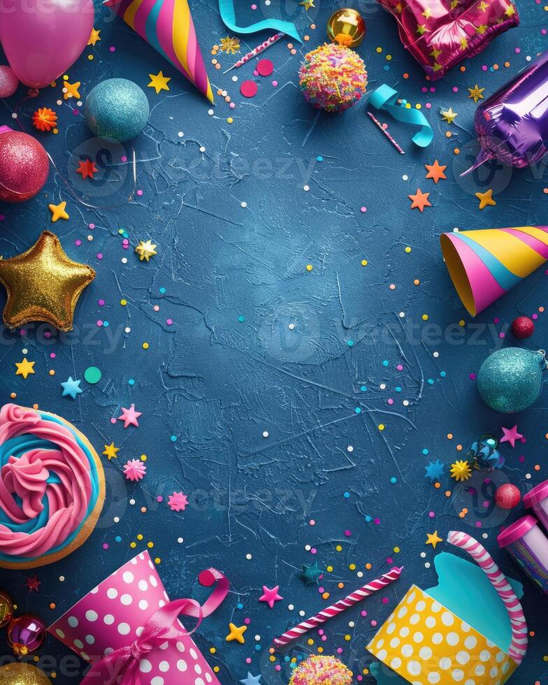 AI generated Colorful birthday background with multicolor party items photo