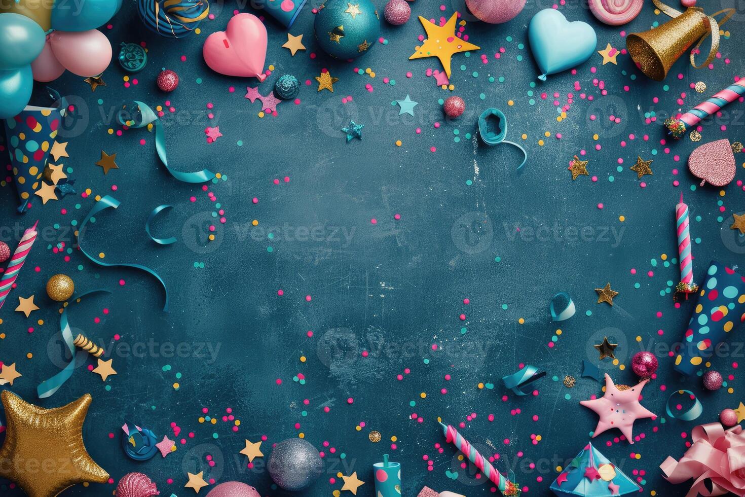 AI generated Colorful birthday background with multicolor party items photo