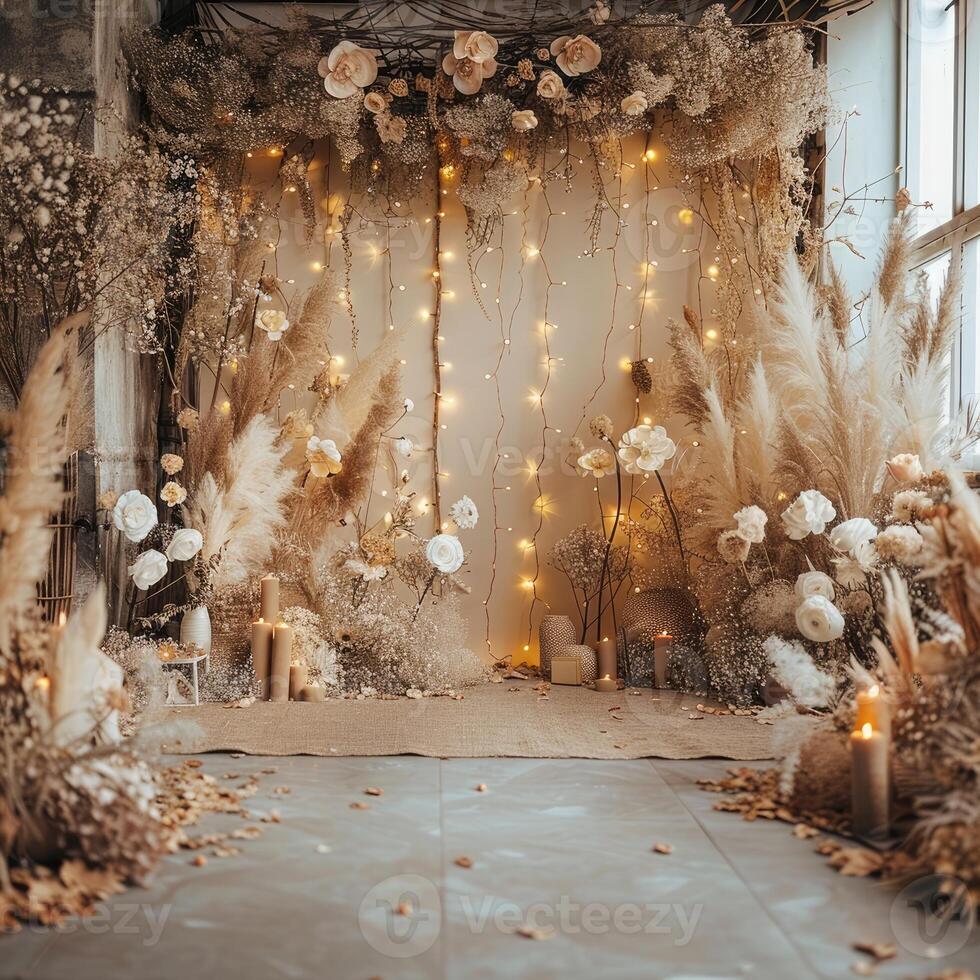 AI generated backdrop for beige boho photoshoot in yellow lights and white flowers photo