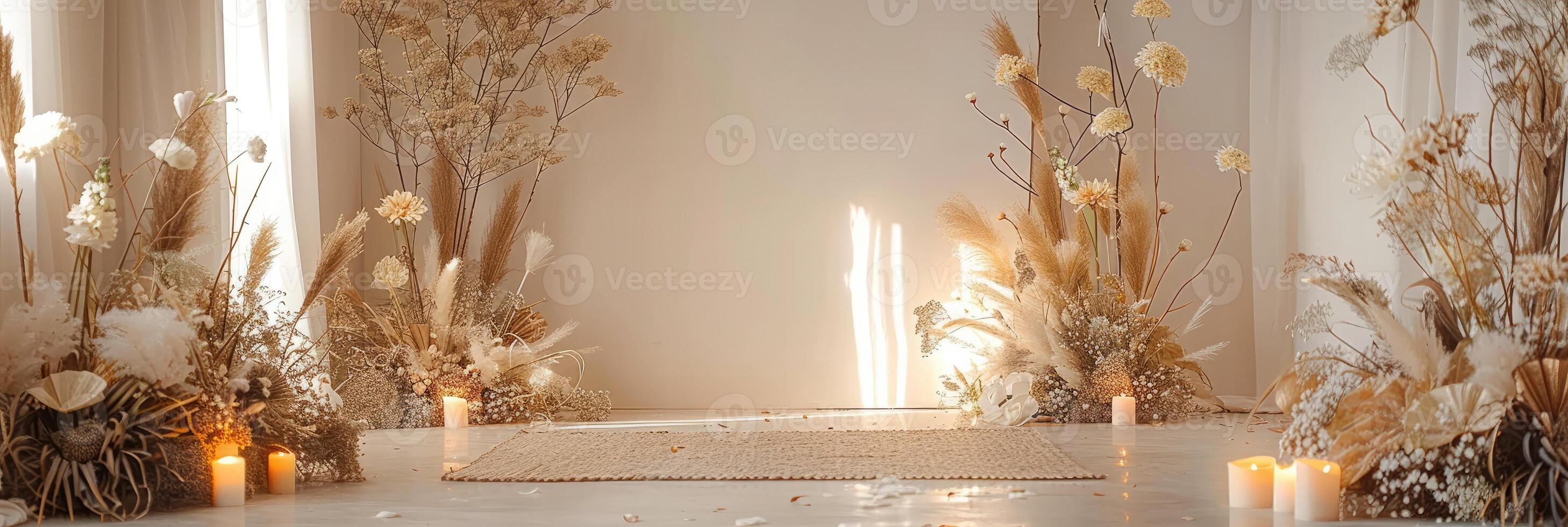 AI generated backdrop for beige boho photoshoot in yellow lights and white flowers photo