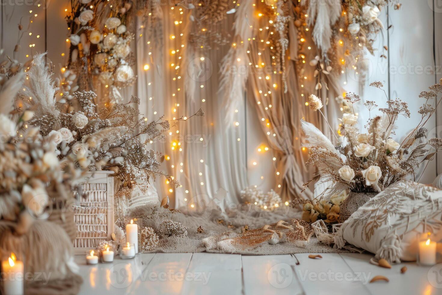 AI generated backdrop for beige boho photoshoot in yellow lights and white flowers photo