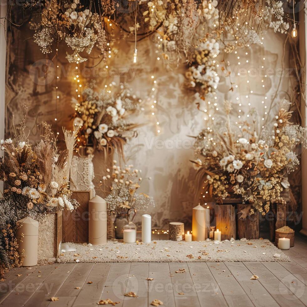 AI generated backdrop for beige boho photoshoot in yellow lights and white flowers photo