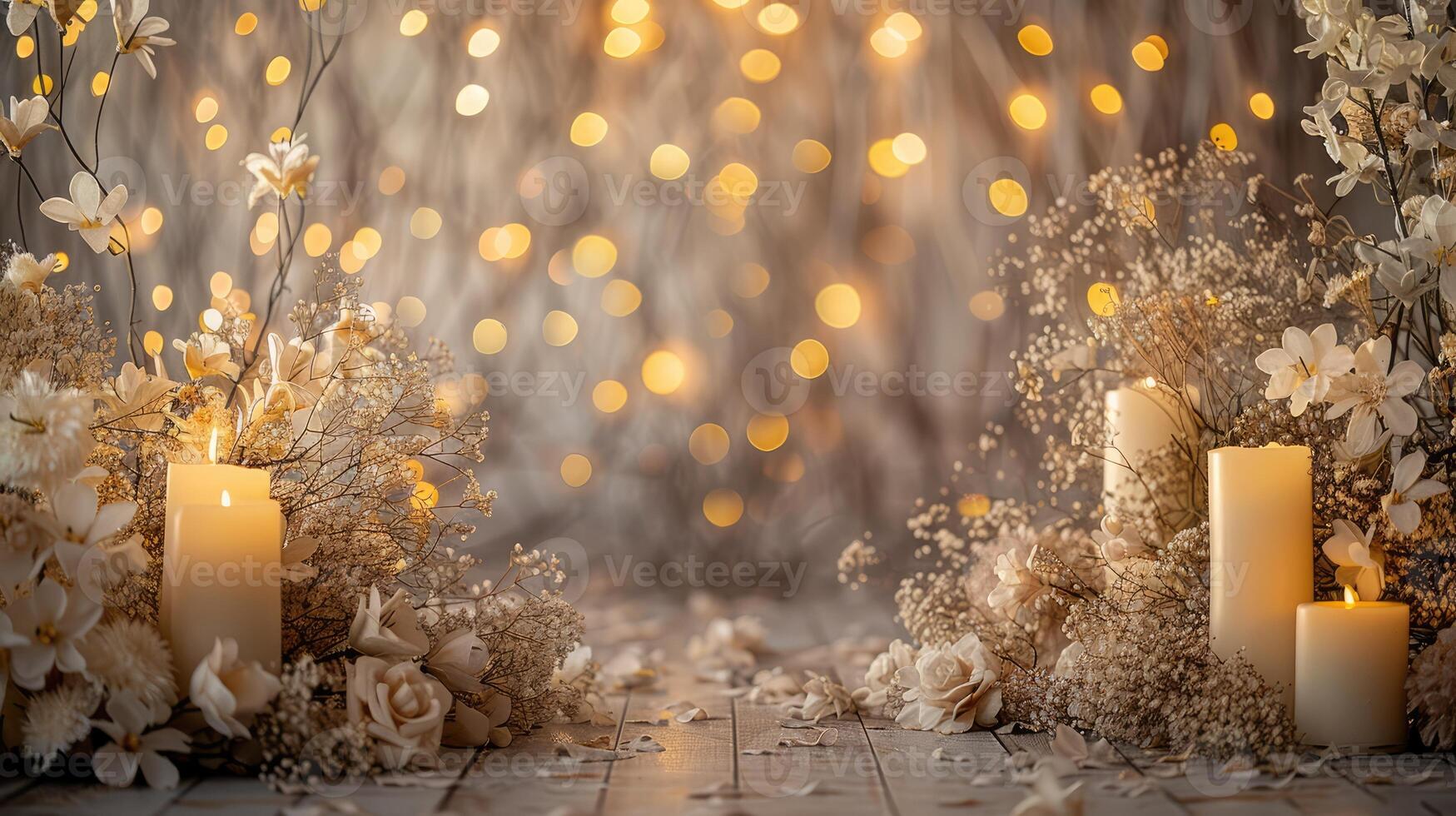 AI generated backdrop for beige boho photoshoot in yellow lights and white flowers photo