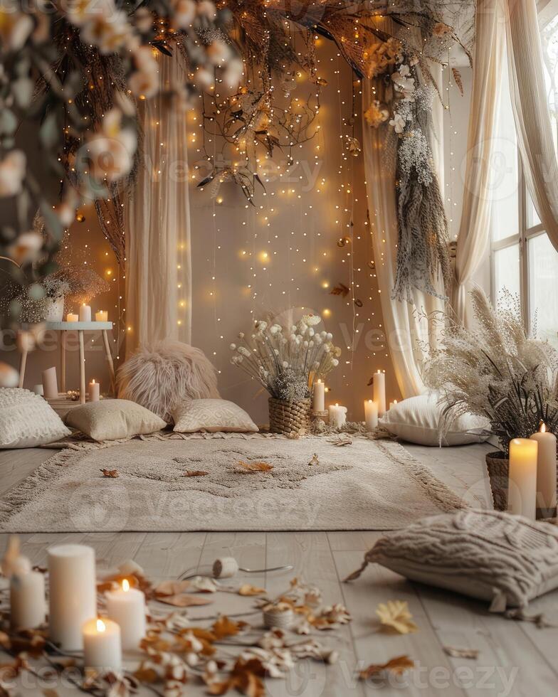 AI generated backdrop for beige boho photoshoot in yellow lights and white flowers photo