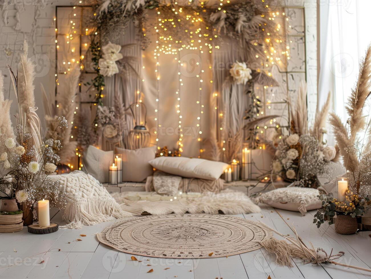 AI generated backdrop for beige boho photoshoot in yellow lights and white flowers photo