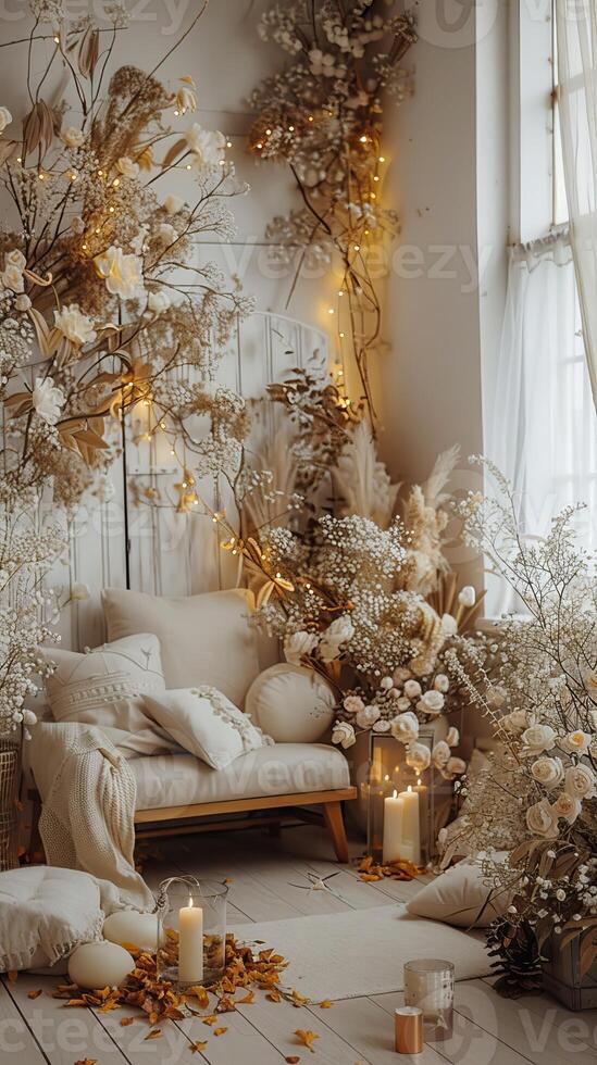 AI generated backdrop for beige boho photoshoot in yellow lights and white flowers photo